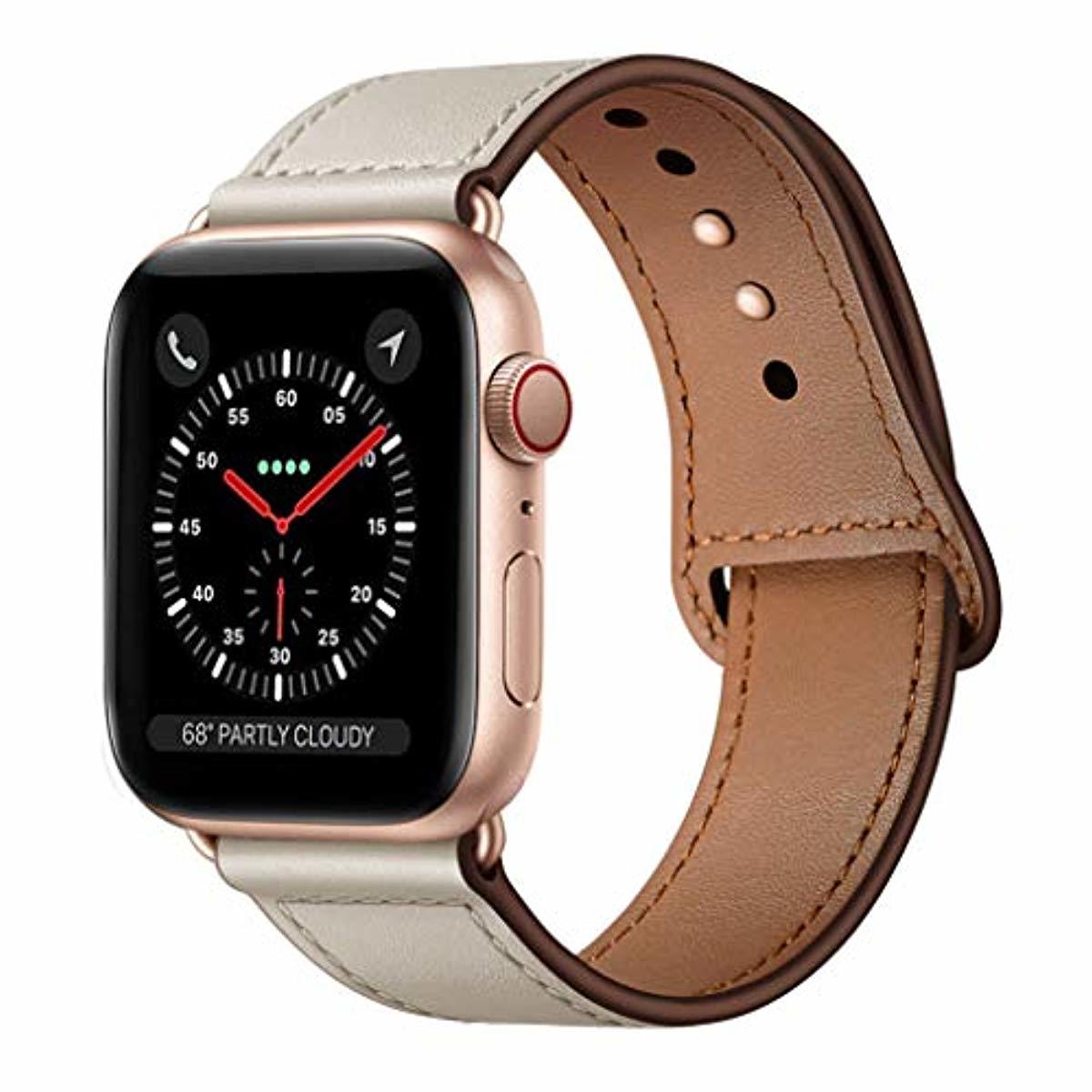 iWatch Band 40mm 38mm, Genuine Leather Replacement Band Strap + Rose Gold Adapter